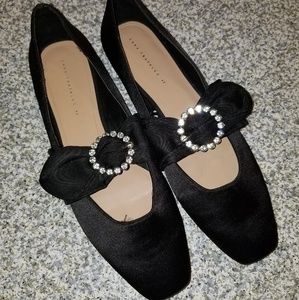 ZARA Black Jeweled Buckle Satin Ballet Flats sz12